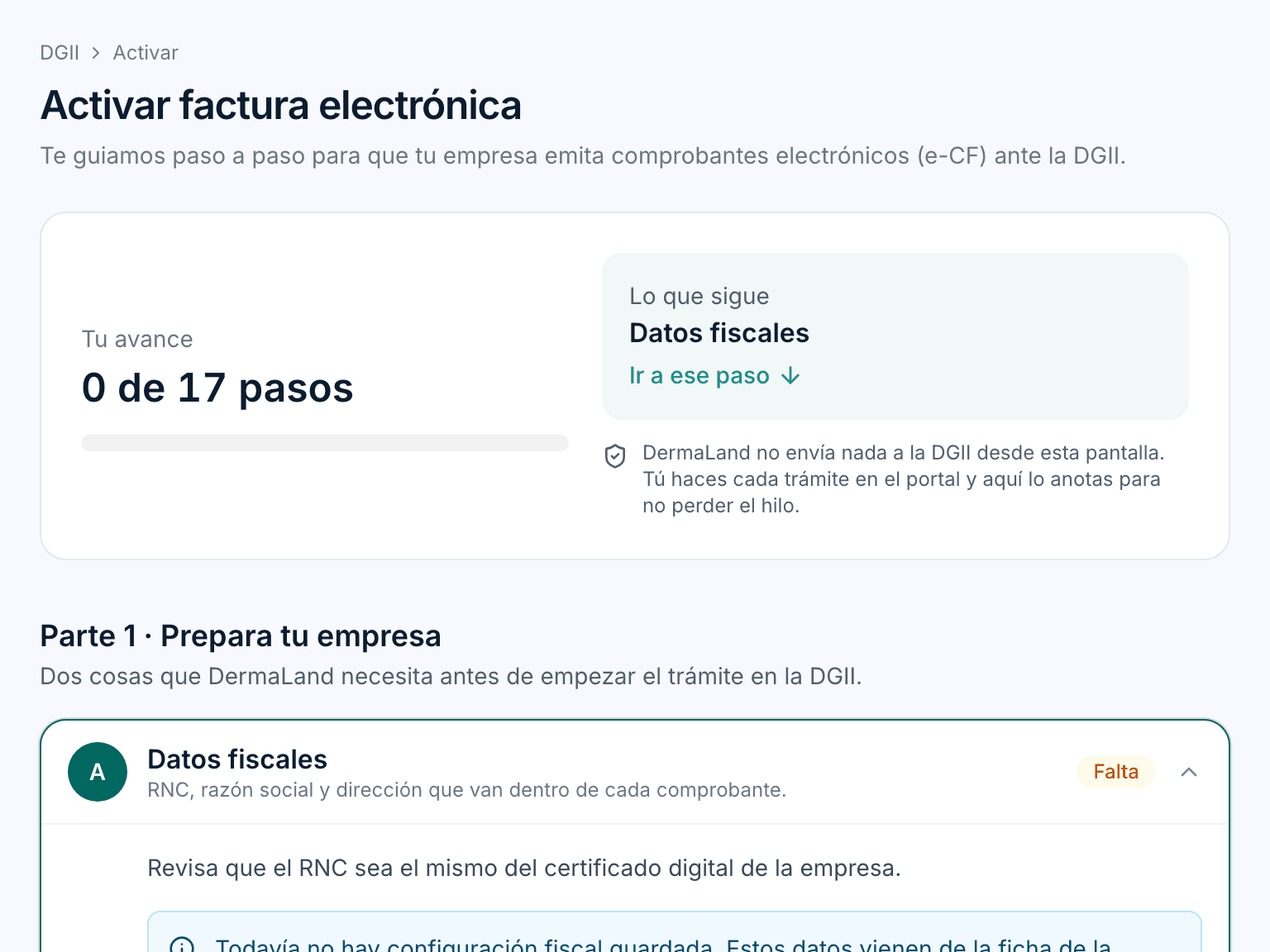 Asistente de factura electrónica con el avance de los pasos y los datos fiscales de la empresa