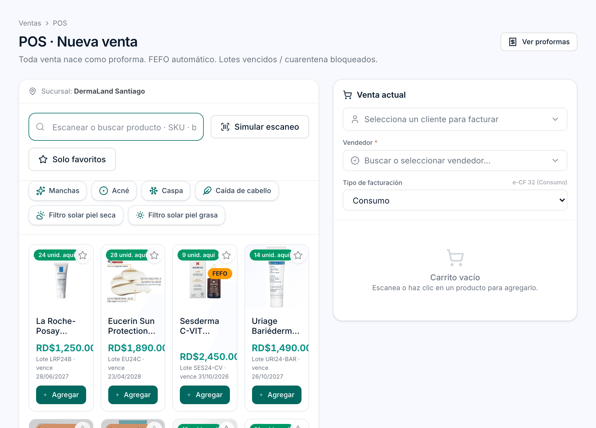Pantalla del punto de venta con productos, sus lotes y fechas de vencimiento, y la venta en curso a la derecha